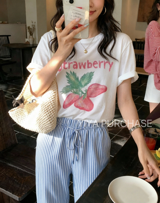 苎麻宽松草莓印花短袖T恤女