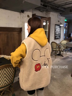 羊羔毛背心女 ice冬米奇刺绣宽松马甲坎肩外套 韩国东大门Ju