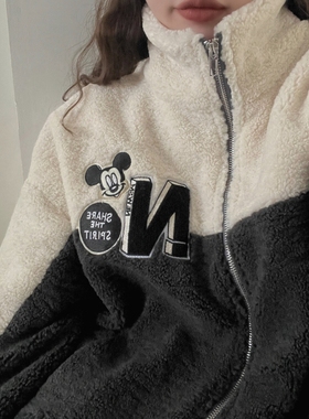 现货～100%羊毛)Lov家韩国时尚拼色百搭羊羔毛外套女