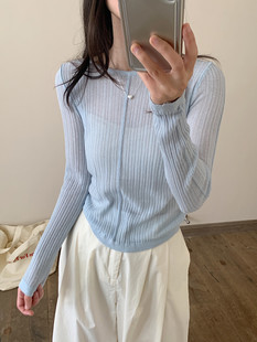 上衣F73 亚麻天丝抽条针织防晒衫 现货～秋上新 Bon家韩国东大门