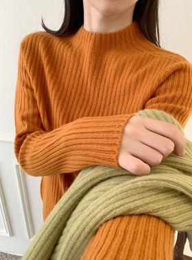 100%羊毛）韩国 秋季上新！无缝一体机.加厚坑条半高领羊毛针织衫