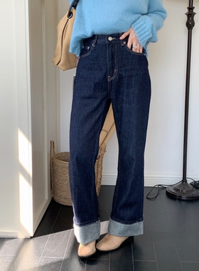 A-Gro韩国东大门2023秋季满天星～重工宽松蓝色直筒显瘦牛仔裤D2L