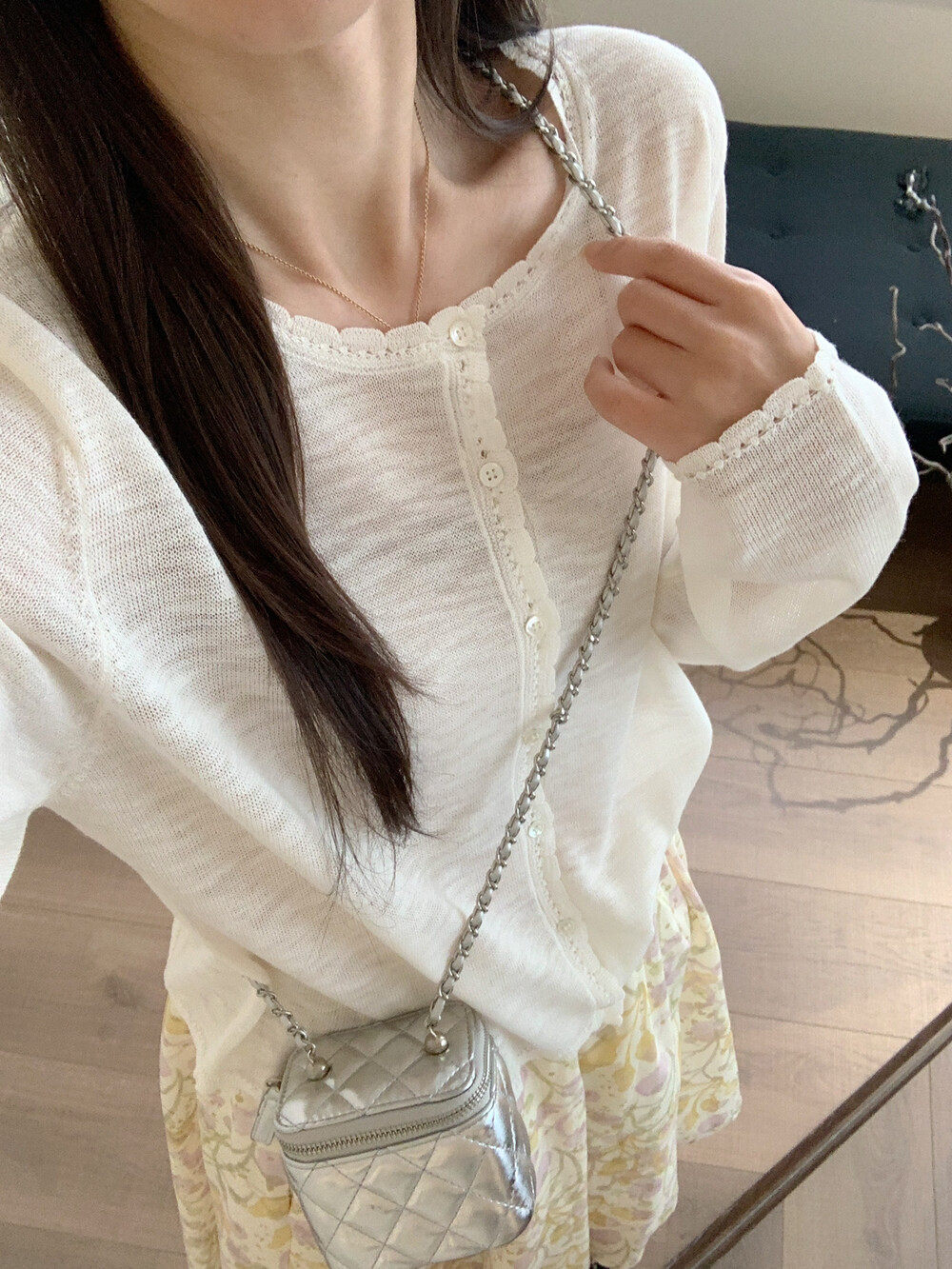 夏上新！Bon家韩国东大门 竹节亚麻手工花边圆领针织开衫