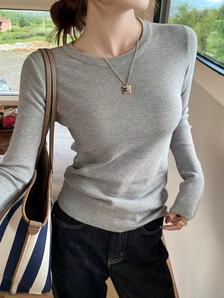 圆领弹力针织衫打底上衣