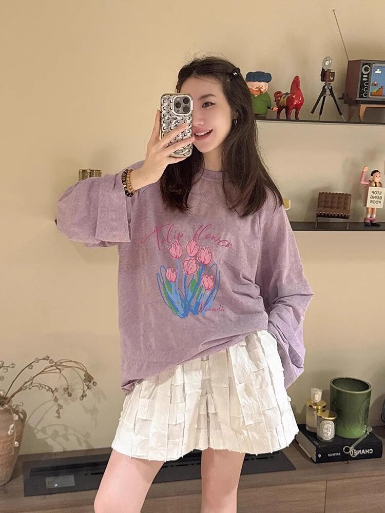 紫色印花圆领长袖休闲T恤女秋季韩系慵懒风外搭绝美减龄薄款上衣