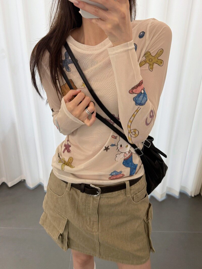 韩版2026夏季新款美人鱼kitty网纱长袖T恤女防晒遮肉宽松显瘦上衣