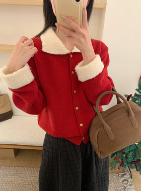 100%羊毛）Bo家韩国东大门甜美拼接羊毛翻领加厚开衫保暖毛衣C30