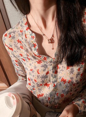 RIA家韩国东大门款温柔法式复古衬衣小衫甜美小众雪纺碎花衬衫女