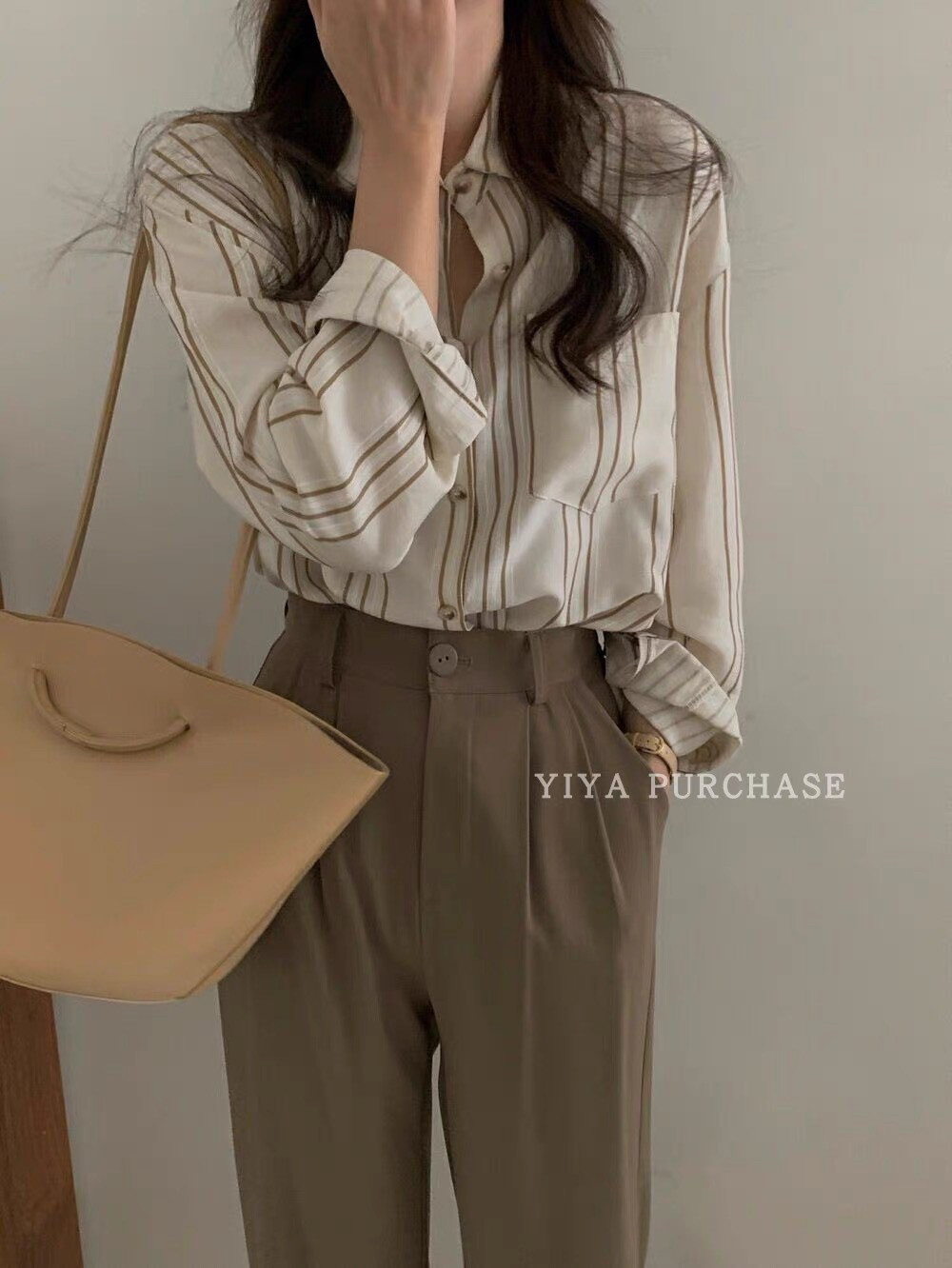 秋上新！@miss韩国东大门 通勤小众气质竖条纹宽松长袖衬衫上衣女