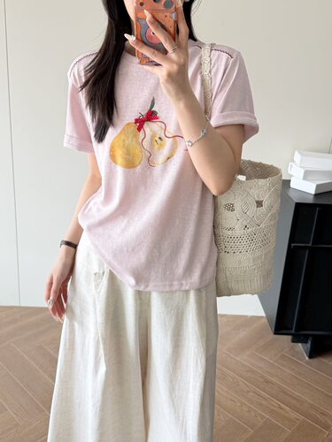 星星梨立体蝴蝶结印花圆领T恤