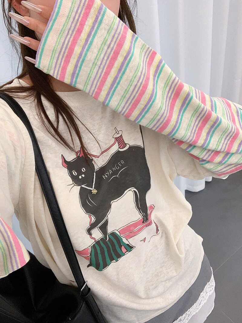现货~egg韩国东大门可爱猫咪印花条纹拼接长袖宽松长袖T恤防晒衣