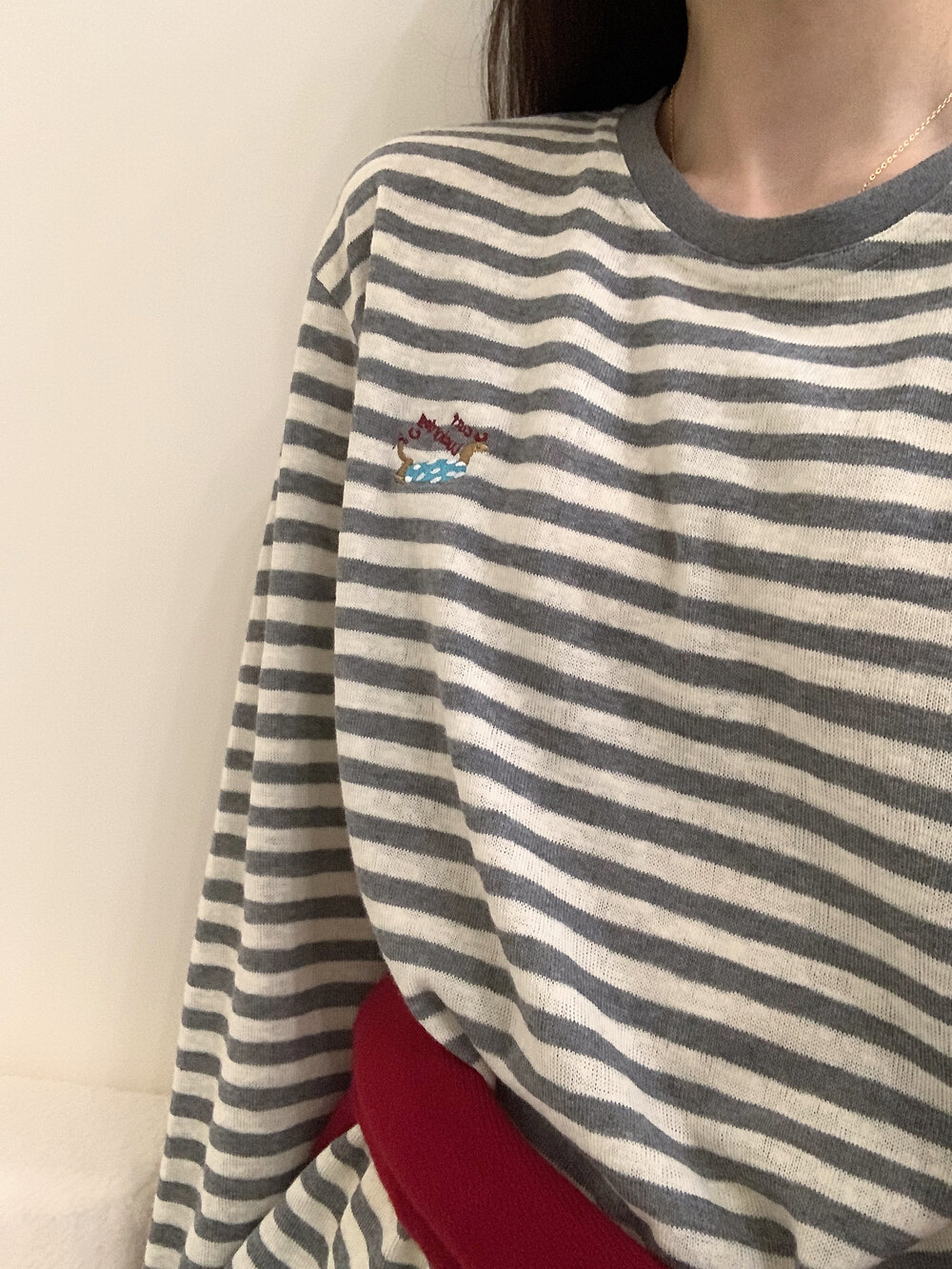 韩国东大门刺绣条纹针织衫上衣