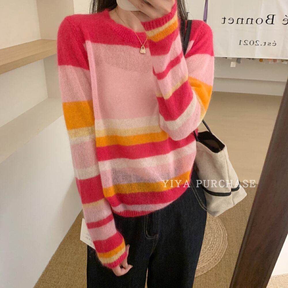 26绵羊毛) 韩国东大门彩虹撞色条纹马海毛圆领针织衫毛衣女c63