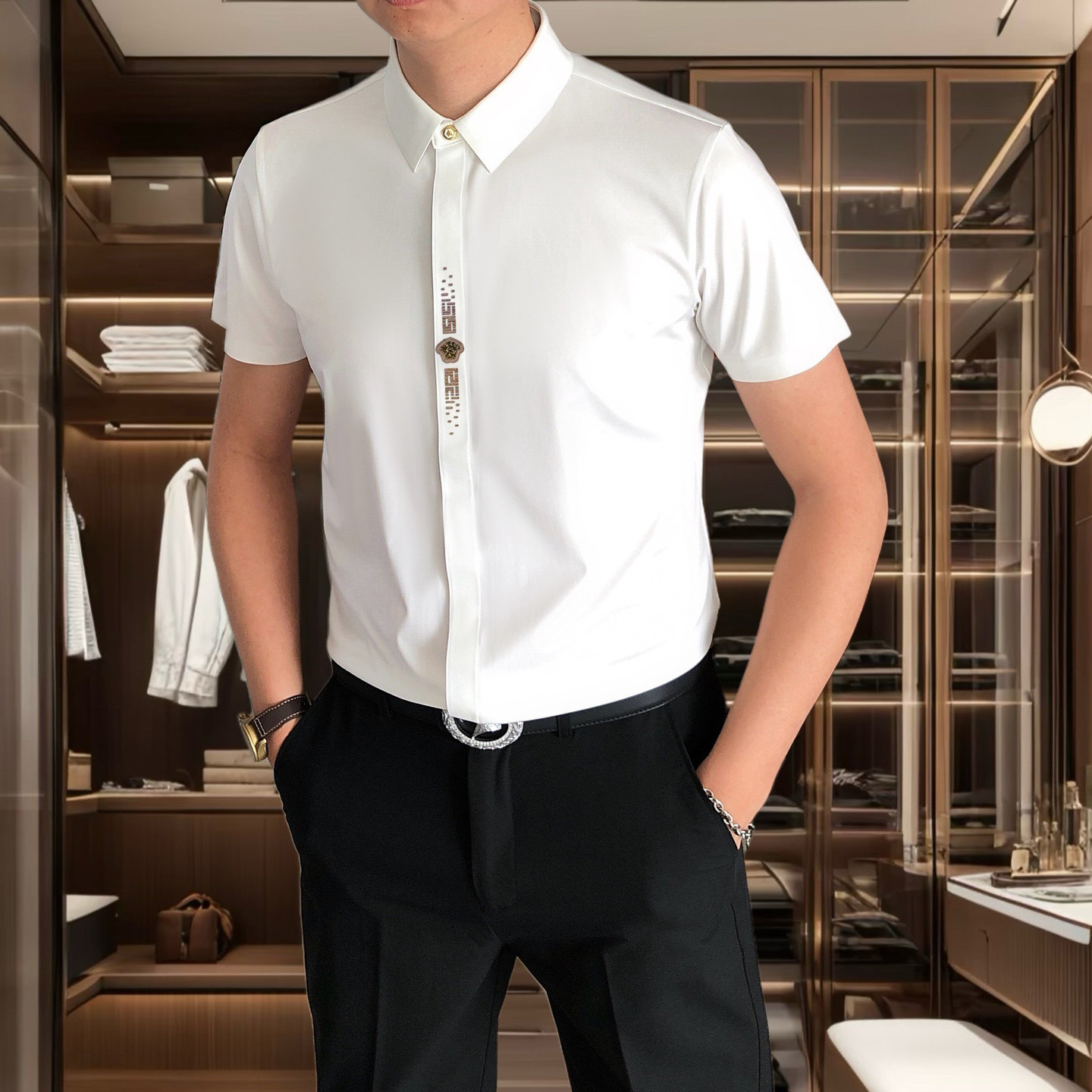 夏季薄款烫钻冰丝短袖衬衫男款商衬衫