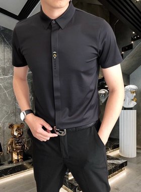 高端免烫白色衬衫休闲男短袖欧洲站夏季商务烫钻弹力冰丝衬衣男装