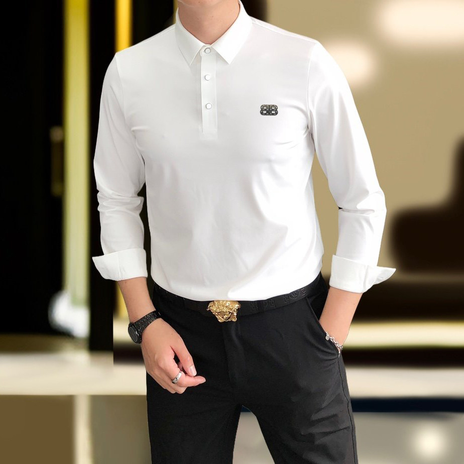 高档长袖T恤男修身商务休闲丝光棉薄秋冬新款丝滑翻领POLO衫烫钻