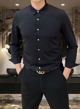 高端免烫垂感衬衫轻奢男士休闲修身高级感弹力商务白色黑色衬衣潮