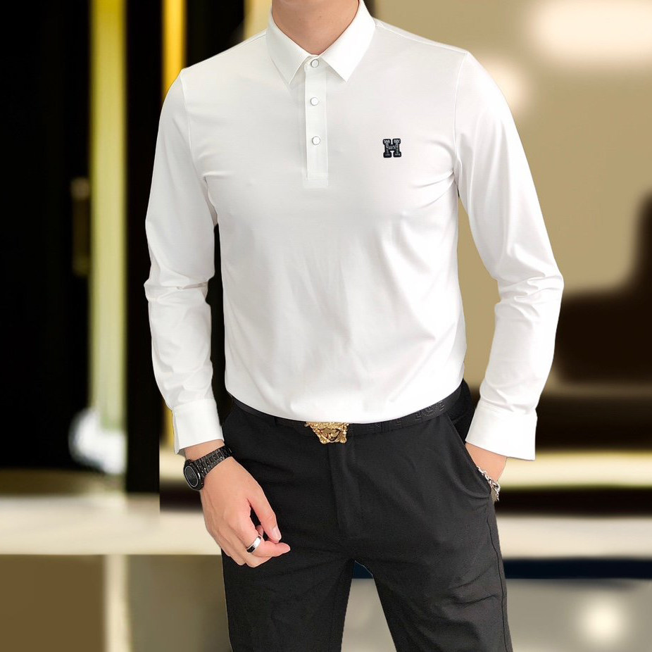 高级感翻领长袖T恤男修身丝光棉薄秋新款商务休闲丝滑长袖POLO衫