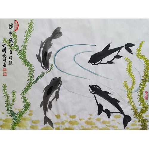定阐杨明的国画潭中鱼，35×46