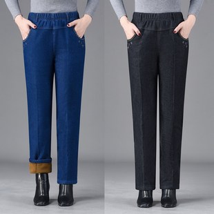 中老年冬季女外穿棉裤加绒加厚大码高腰弹力直筒牛仔长裤休闲裤子