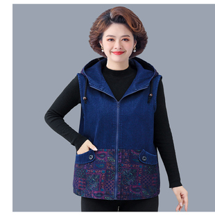 中老年人妈妈春秋装全棉牛仔连帽马甲外套女宽松休闲外穿坎肩背心