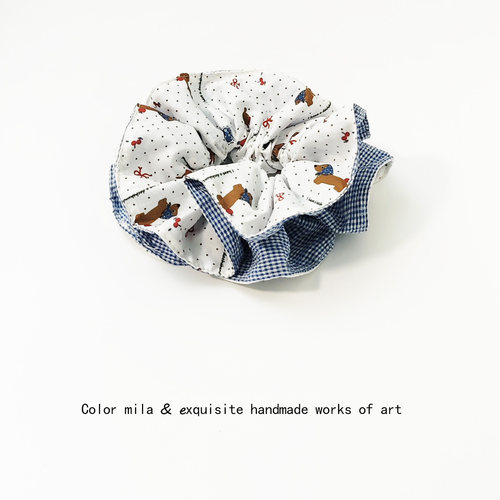 格纹波点腊肠狗双层大肠发圈头绳