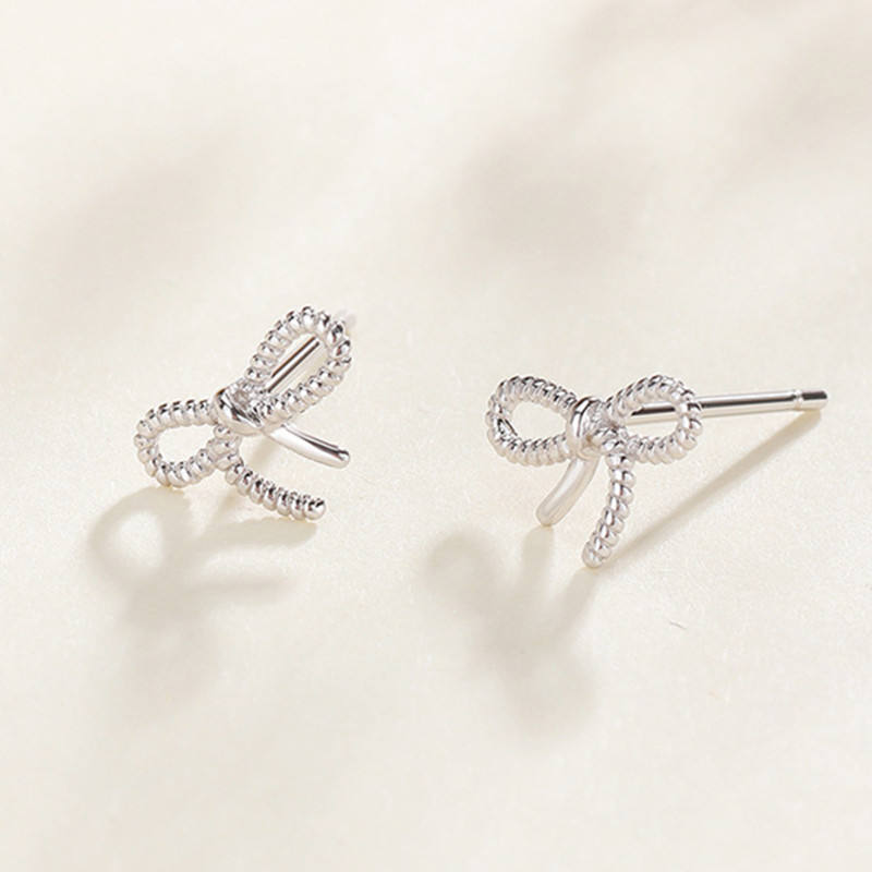 韩版小清新甜美蝴蝶结耳钉女简约森系素银麻花耳环耳饰品厂家直销