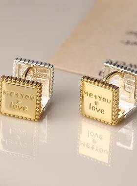 韩版简约拼色蕾丝边小方块字母耳扣女甜酷网红气质百搭耳饰品耳环
