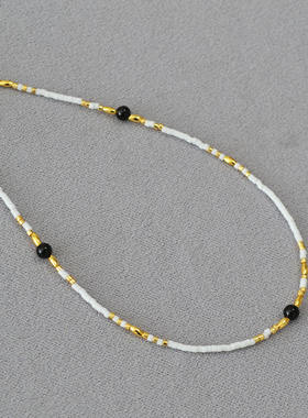 小众设计日本御幸白色米珠串珠黑玛瑙极细简约日常气质项链锁骨链