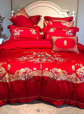 kbq1支婚庆100新中式贡缎全棉四件套古典鸳鸯刺绣被套大红色床上