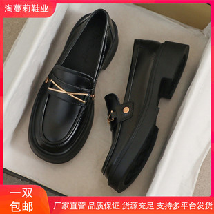 41单鞋 25新款 春秋厚底英伦风豆豆黑色大码 真皮小皮鞋 女2025新款