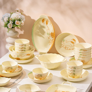 萌趣猫可爱奶油风餐具礼盒套装家用陶瓷碗盘子乔迁送礼釉下彩碗具