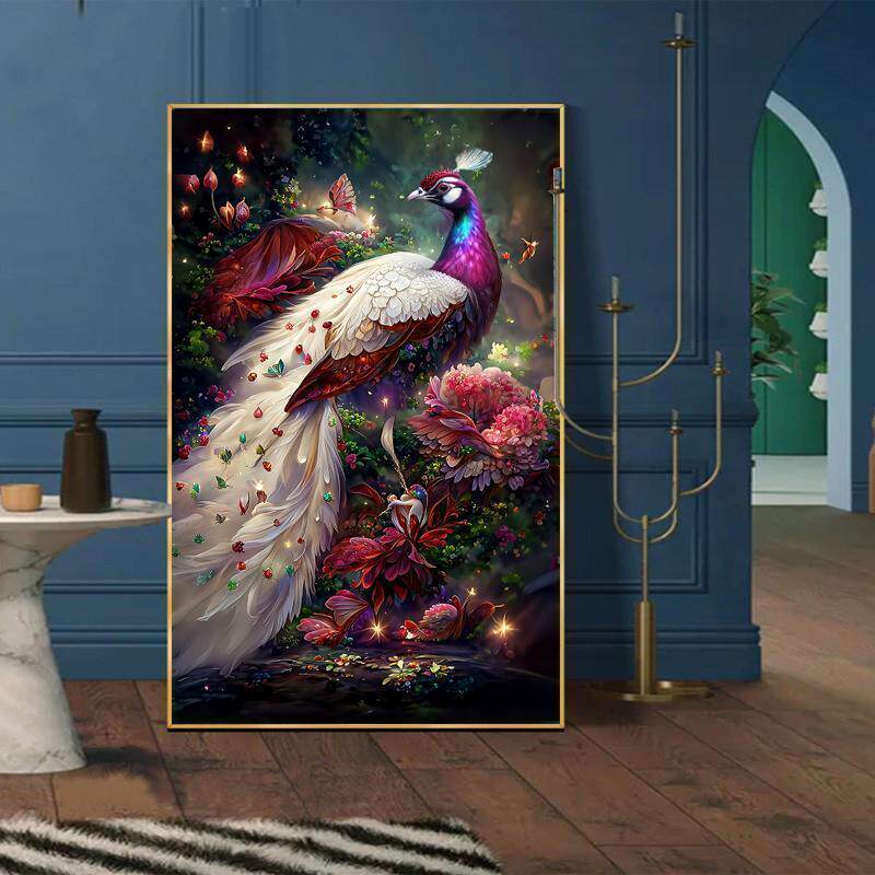 富贵吉祥孔雀图十字绣2024新款线绣竖版玄关客厅花卉牡丹卧室风景