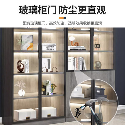 轻奢全实木书柜带玻璃门落地靠墙储物柜子客厅展示柜一体墙整书架