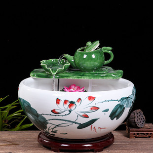 y圎4景德镇陶瓷鱼缸养鱼盆流水喷泉小金鱼缸大号家用摆件客厅加湿