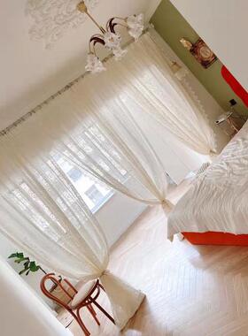 86m0复古铆钉珍珠镂空纱帘白色法式ins刺绣白纱蕾丝窗帘欧式卧室
