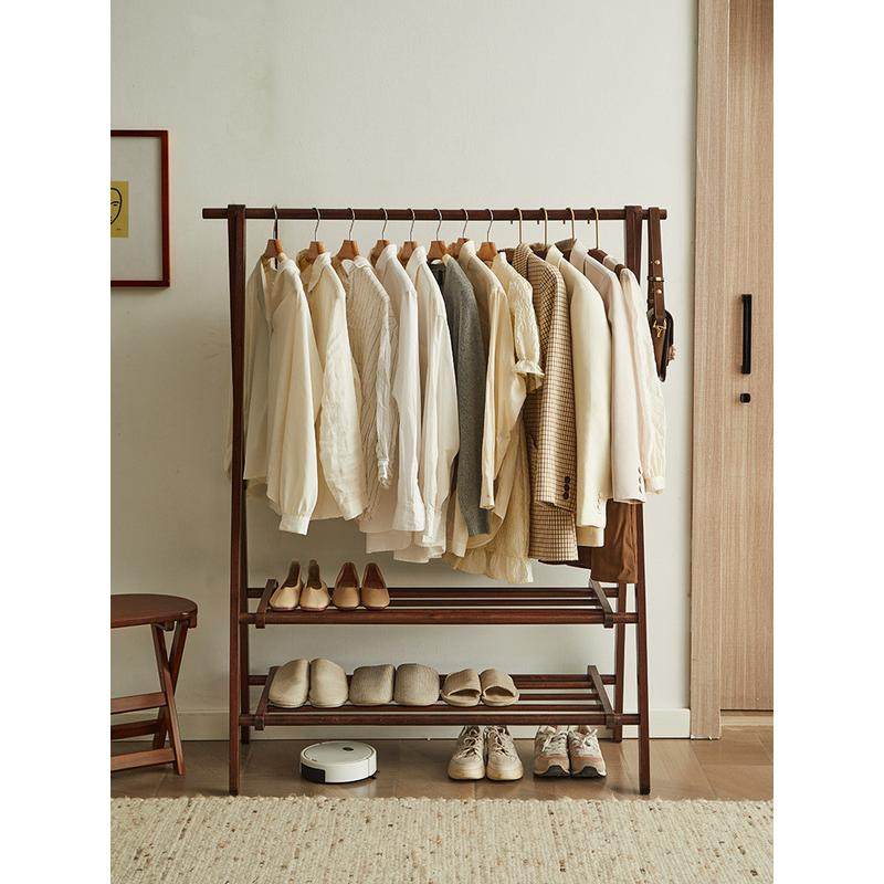 榉木立式挂衣架落地卧室门口收纳衣帽架简约折叠多功能双层置物架