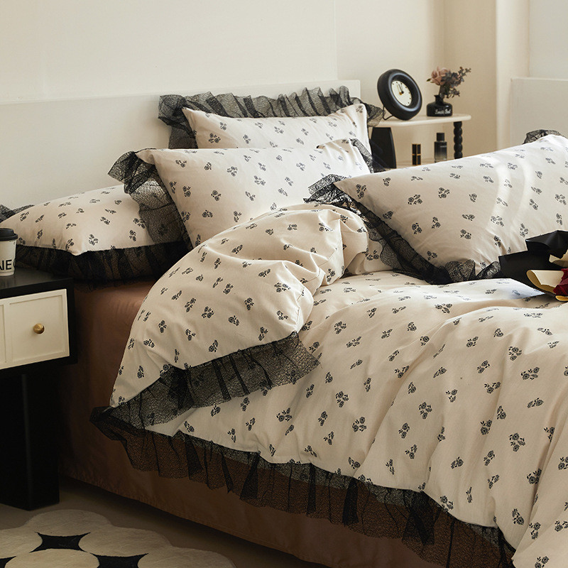 法式ins少女心批发小碎花棉四件套公主风黑色镂空花边棉4件套