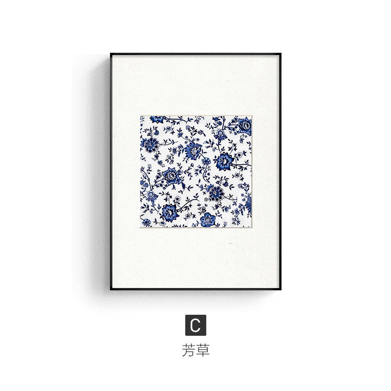 三联装饰画墨海新中式客厅青花蓝色青花瓷挂画中国风餐厅背景壁画
