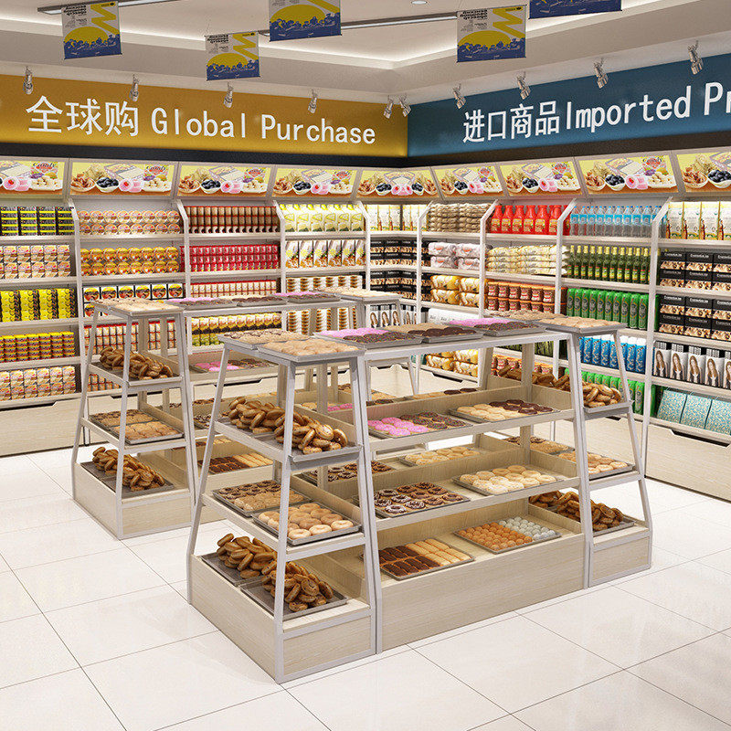 厂家供应面包便利店超市货柜展示货架4层钢木结构自由组合高承重