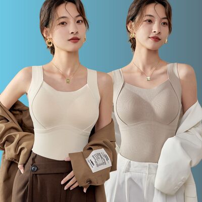 德绒桑蚕丝保暖发热秋冬加绒加厚吊带背心女无痕自带胸垫一体新款