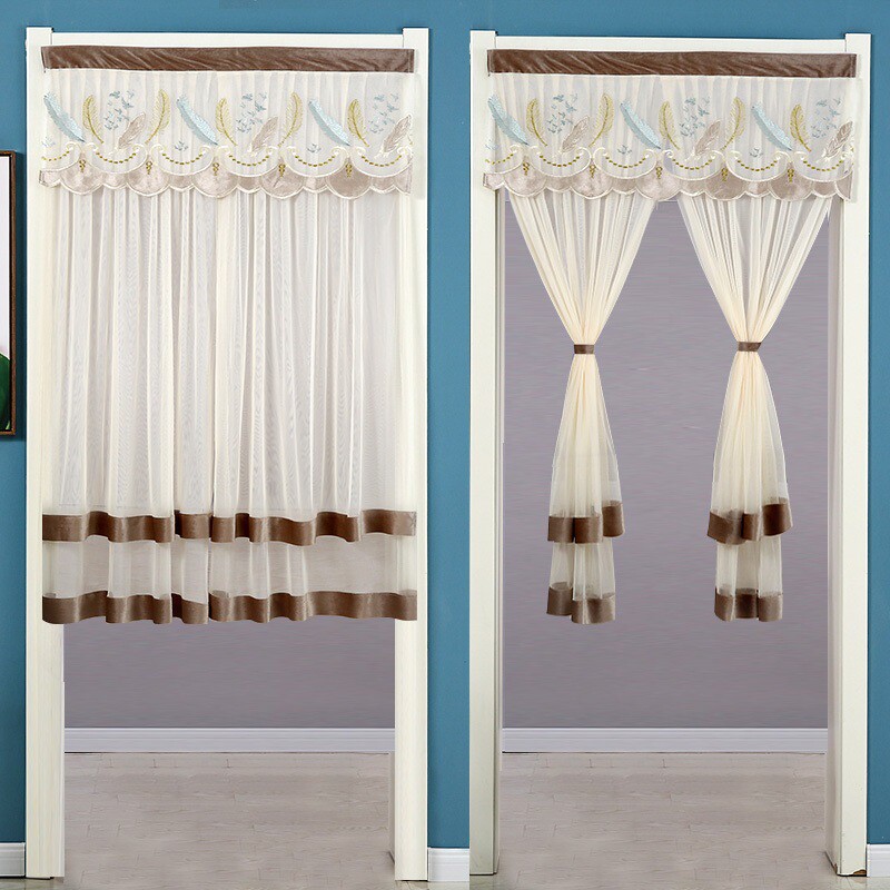 蕾丝门帘免打孔半帘伸缩杆隔断帘卧室纱帘防蚊家用卫生间遮挡帘子