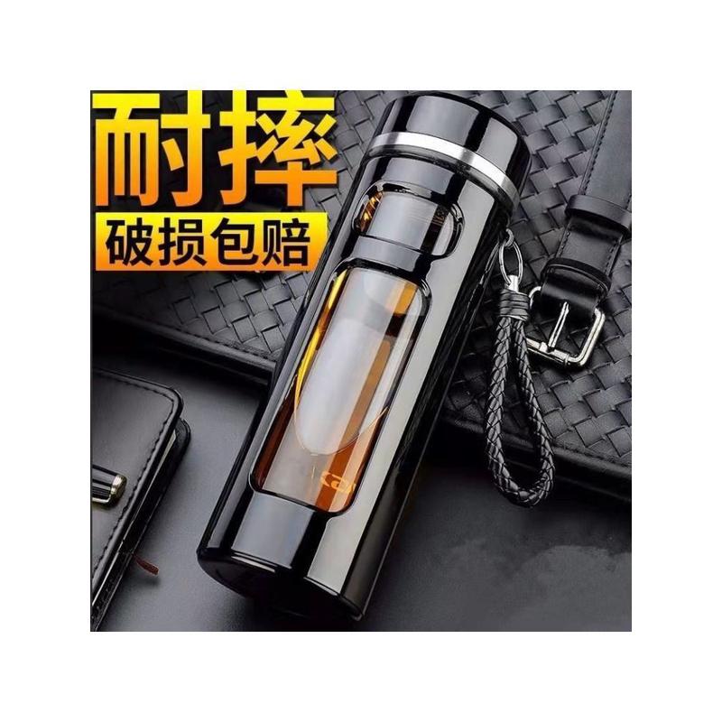 摔不烂钢化玻璃杯500ml耐摔高温硼硅双层玻璃杯保护套男士茶杯跨
