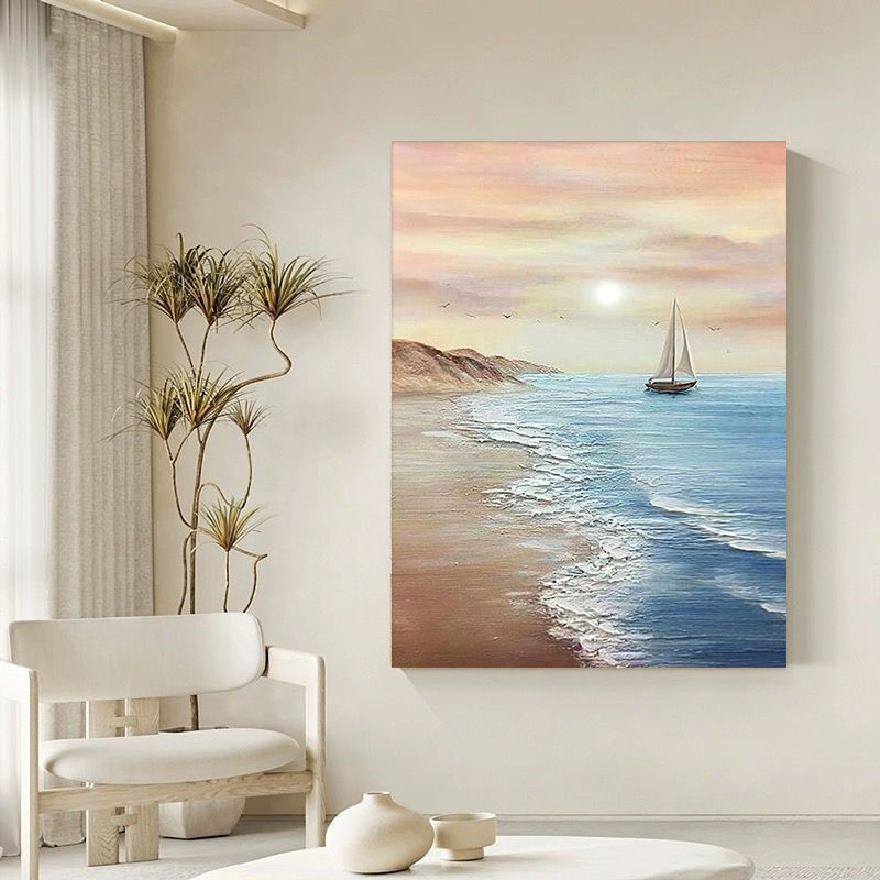 纯手绘油画海景日出客厅装饰画画风玄关立体肌理奶油落地一帆风顺图片