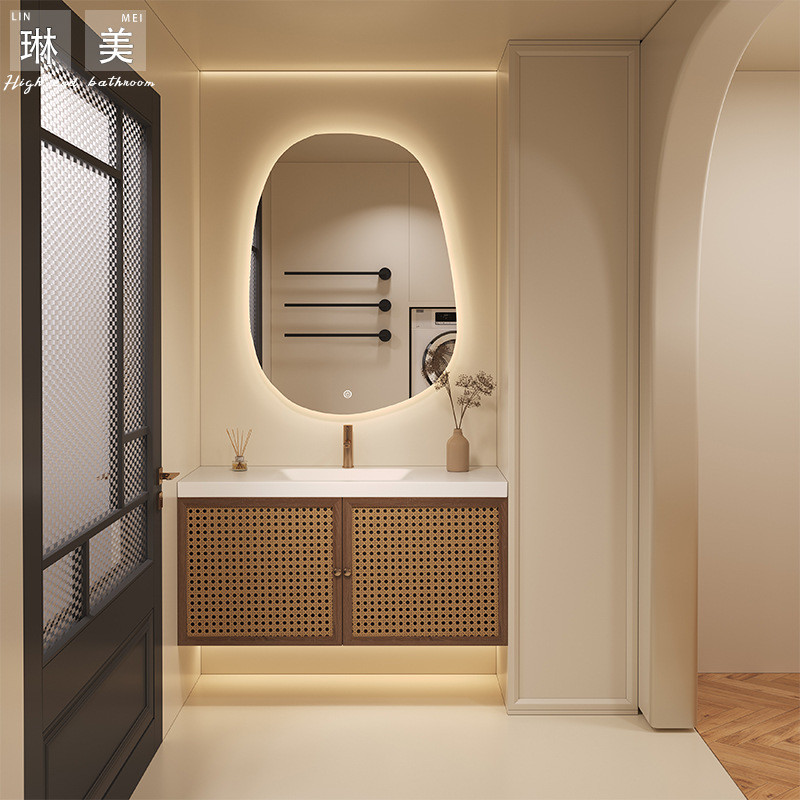 热销日式原木风可丽岩耐板陶瓷一体盆藤编浴室柜组合卫生间洗手洗