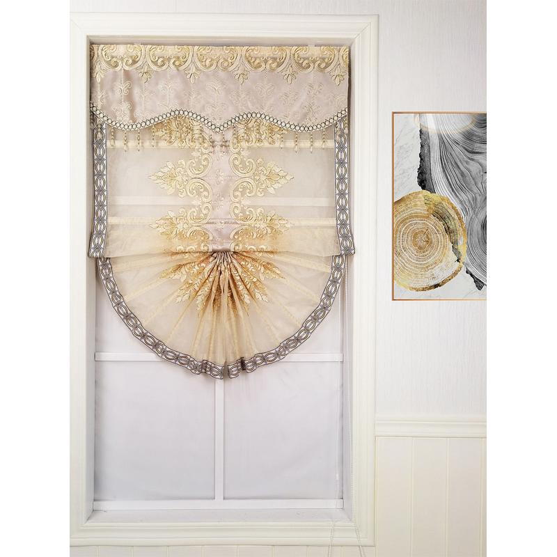 欧式绣花纱帘扇形卷帘罗马帘升降窗帘米灰卡其色餐厅装新品