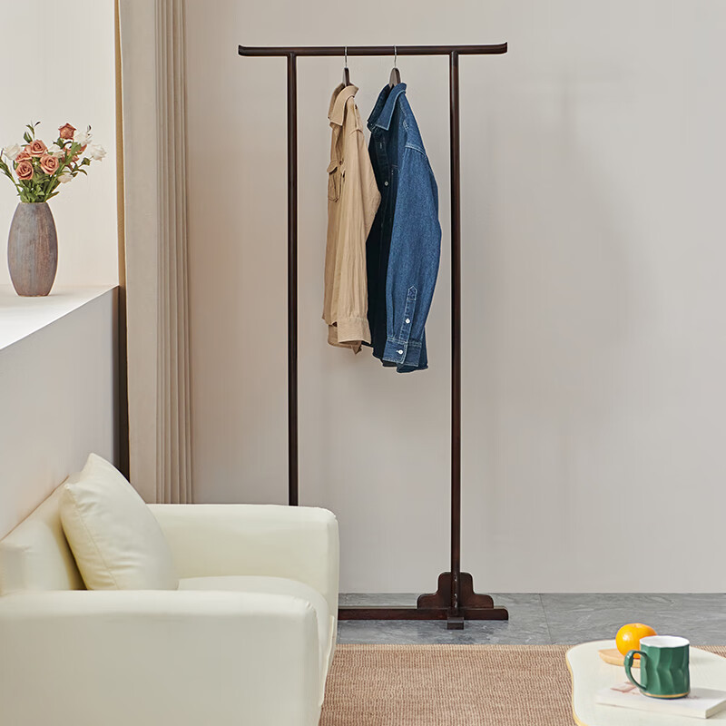黑胡桃木简约衣帽架全实木原木晾衣杆卧室架子落地挂衣单杆家用