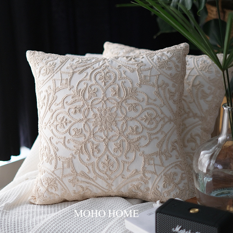 样板房布艺抱枕复古亚麻布绣花刺绣沙发装饰靠垫法式批发新款新品