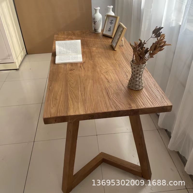 老榆木书桌实木复古茶桌茶台家用长条桌原木板吧台餐桌简约办公桌