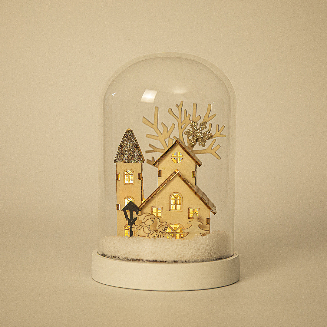 新品灯饰小夜灯雪景摆件玻璃房子圣诞装饰木质雪花球桌面摆